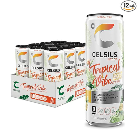CELSIUS Sparkling Tropical Vibe, Functional Essential Energy Drink 12 Fl Oz (Pack of 12)