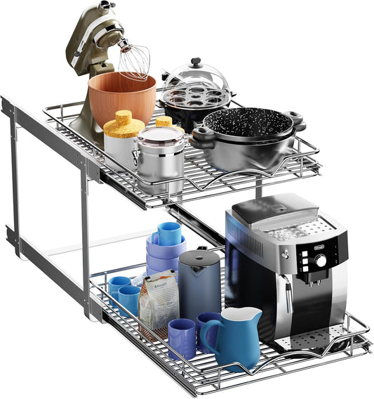 HOLDN’ STORAGE Two Tier Pull Out Cabinet Organizer, Individual Sliding Drawers - Heavy Duty Metal with Lifetime Limited Warranty - Anti Rust Chrome Finish - 17" W x 21”D x 16.5" H