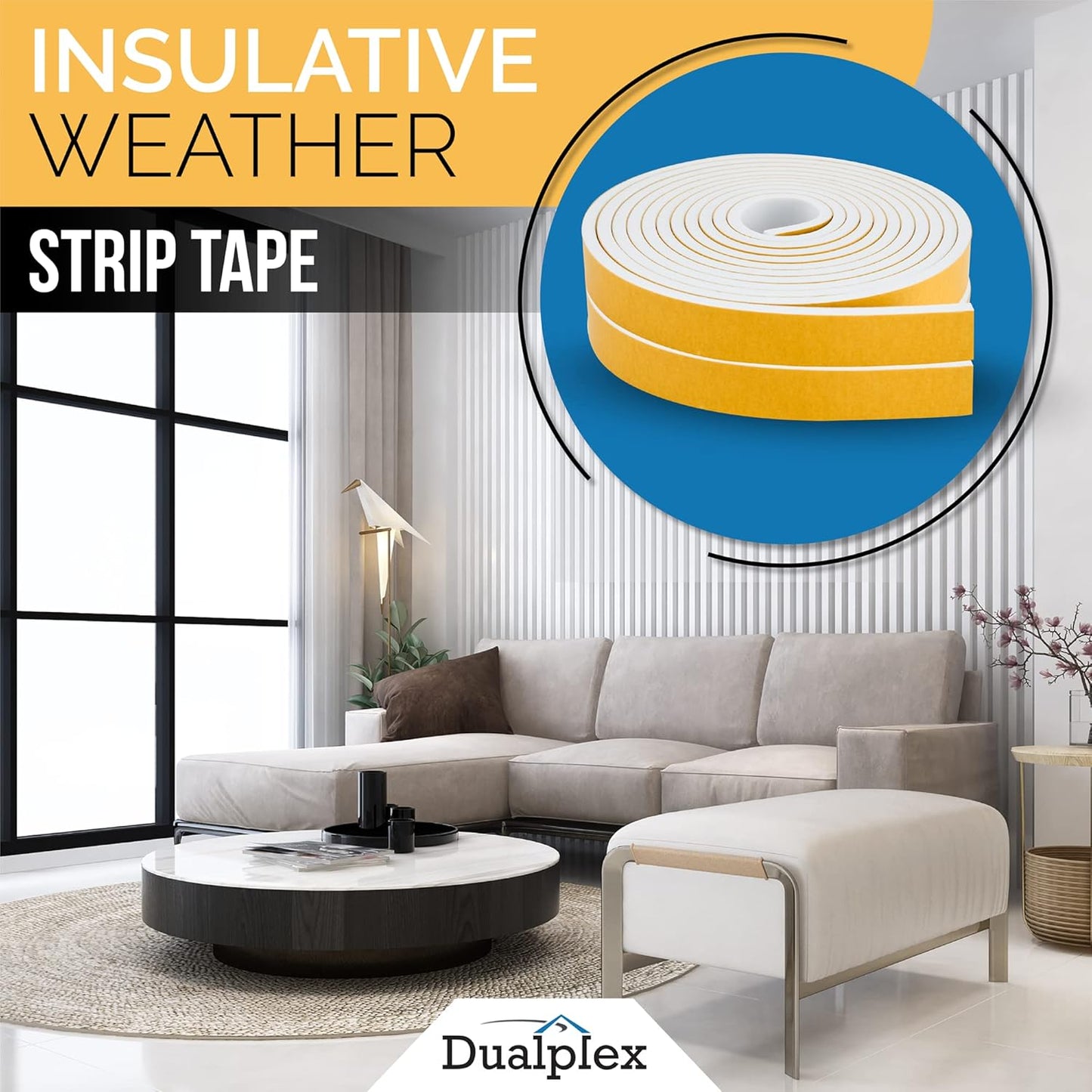 High Density Foam Weather Stripping Door Seal Strip Insulation Tape Roll for Insulating Door Frame, Window, Air Conditioner | Self Adhesive Sealing Weatherstrip (White, 1/2 in x 1/4 in 30 Ft)