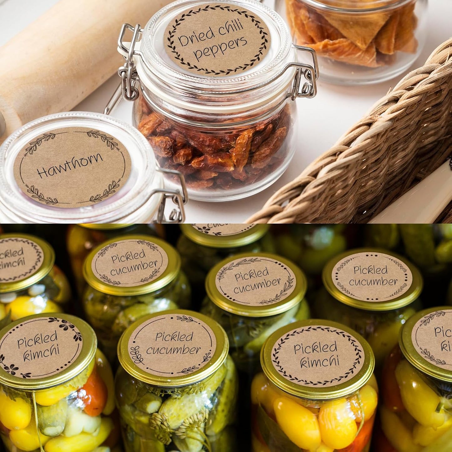 2" Brown Label Stickers for Jars and Lids, Kraft Sticker Labels for Pantry, Mason Jars, Canning, Bottles, 6 Different Drawn Wreath Designs, Kraft Paper/ 500pcs