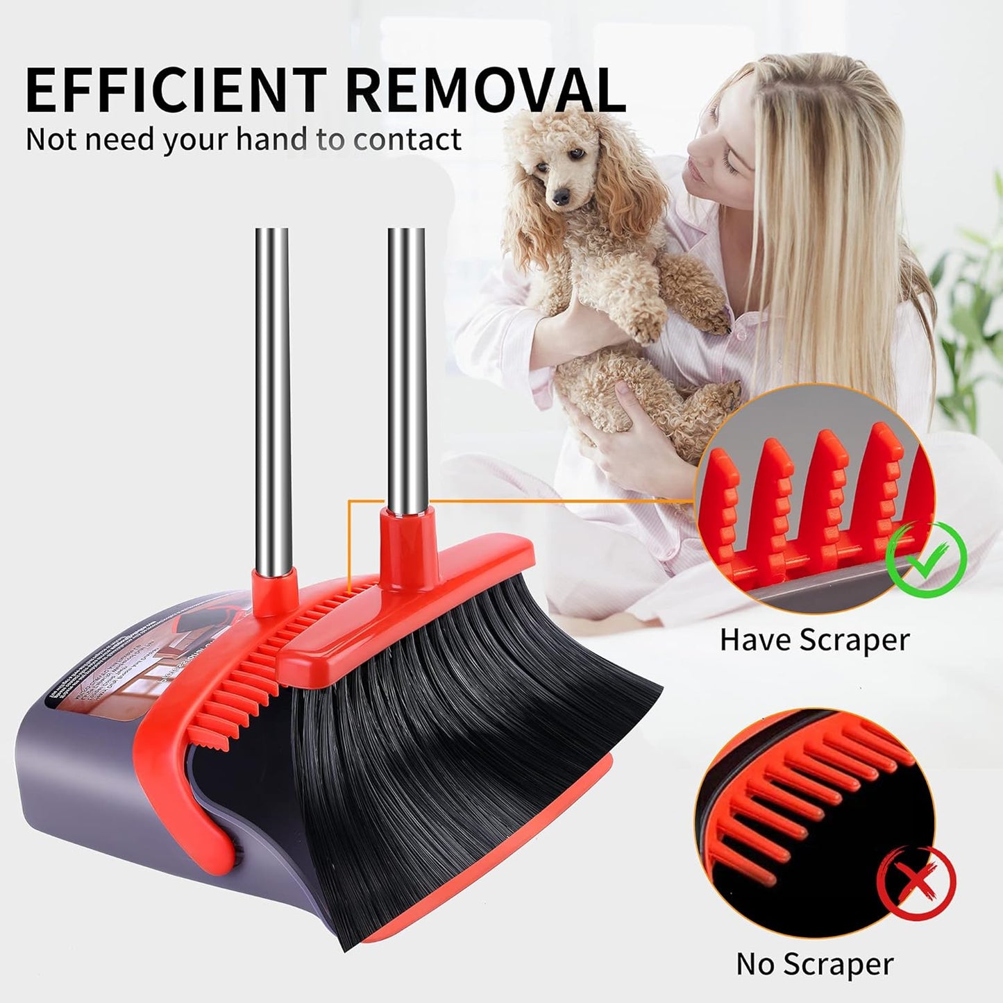 Broom with Dustpan Combo Set Broom and Dustpan Set Dust Pan with Stainless Steel Long Handle, Brooms with 5-Layer Soft Bristles for Sweeping Office Kitchen Home Pet Hair Lobby