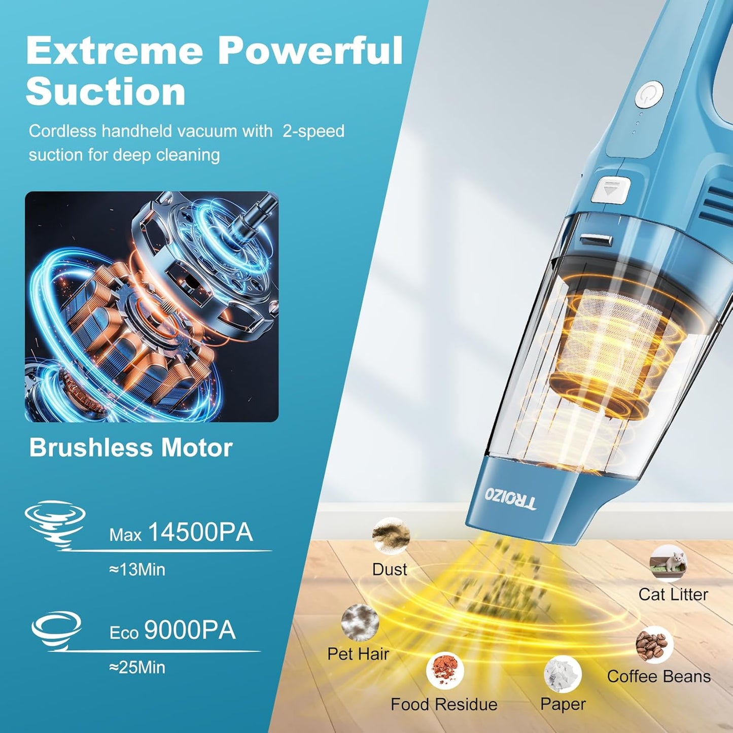 Handheld Vacuum Cordless, 14500PA Powerful Suction Hand Held Vacuum Cleaner with Brushless Motor, Rechargeable and Portable Car Vacuum for Home Office Car Pet