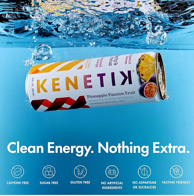 KENETIK Nootropic Ketone Drink, Ketones for Energy & Focus, Caffeine & Sugar Free, High Performance D-BHB Ketone Mix, Fuel w/Zero Crash or Jitters, Ready to Drink - Pineapple Passionfruit 12 Pk