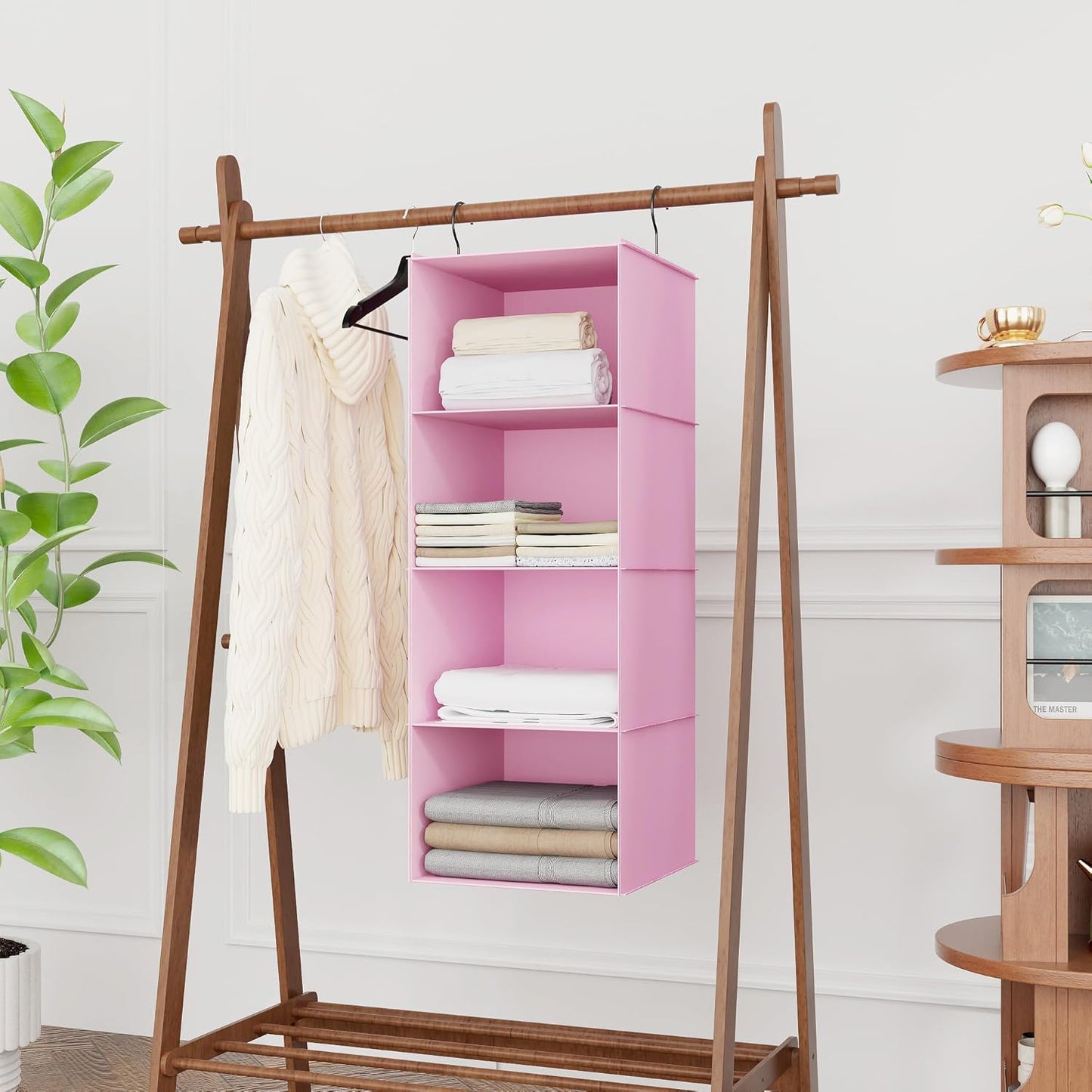 Hanging Closet Organizer, Easy Mount Foldable 4-Shelf Hanging Closet Wardrobe Storage Shelves, Clothes Handbag Shoes Accessories Storage, Washable Oxford Cloth Fabric, Pink