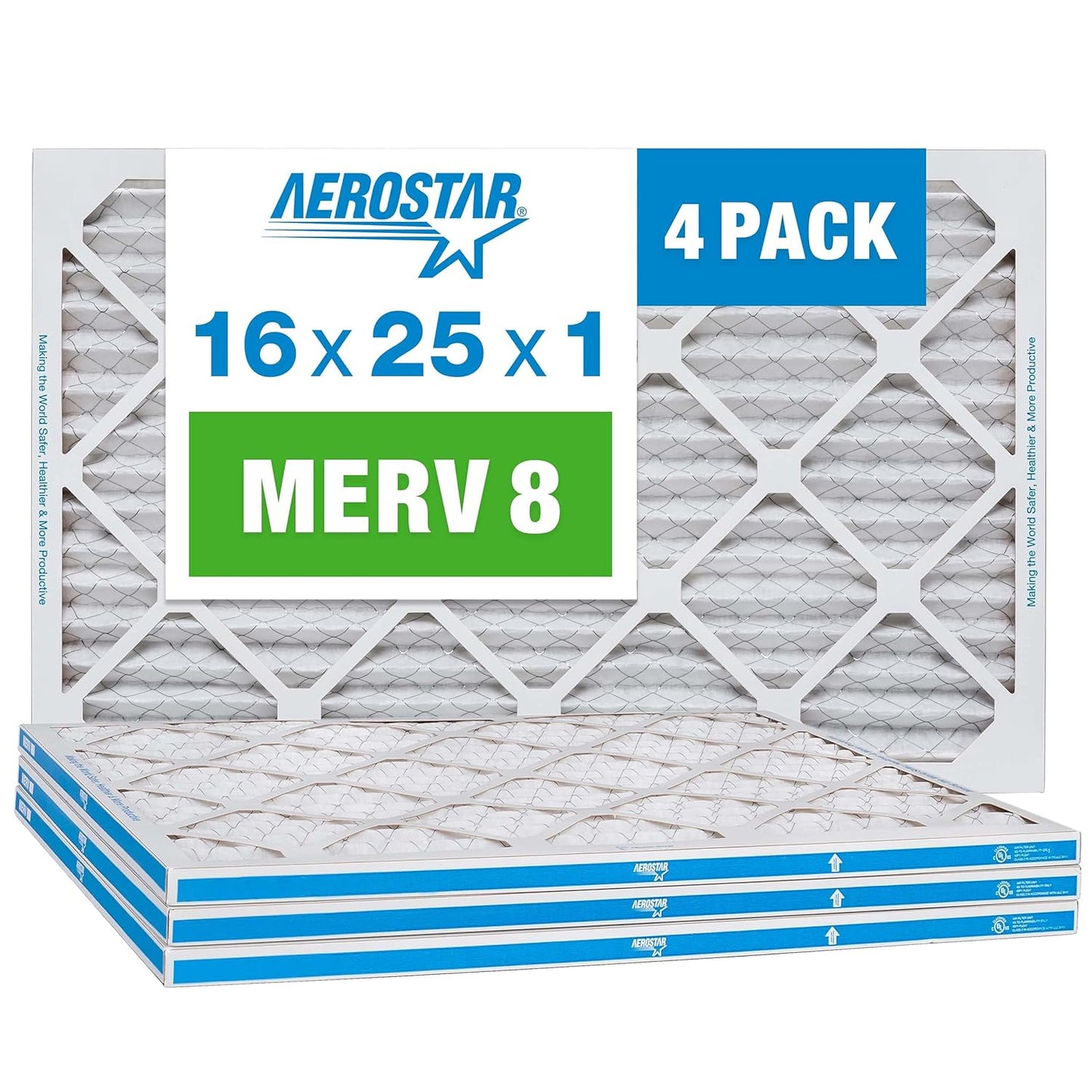 Aerostar 16x25x1 MERV 8 - 4 Count - High Efficiency Pleated HVAC, Furnace & Air Conditioner Filters - Removes Dust, Lint, Mold & Allergy-Causing Pollen
