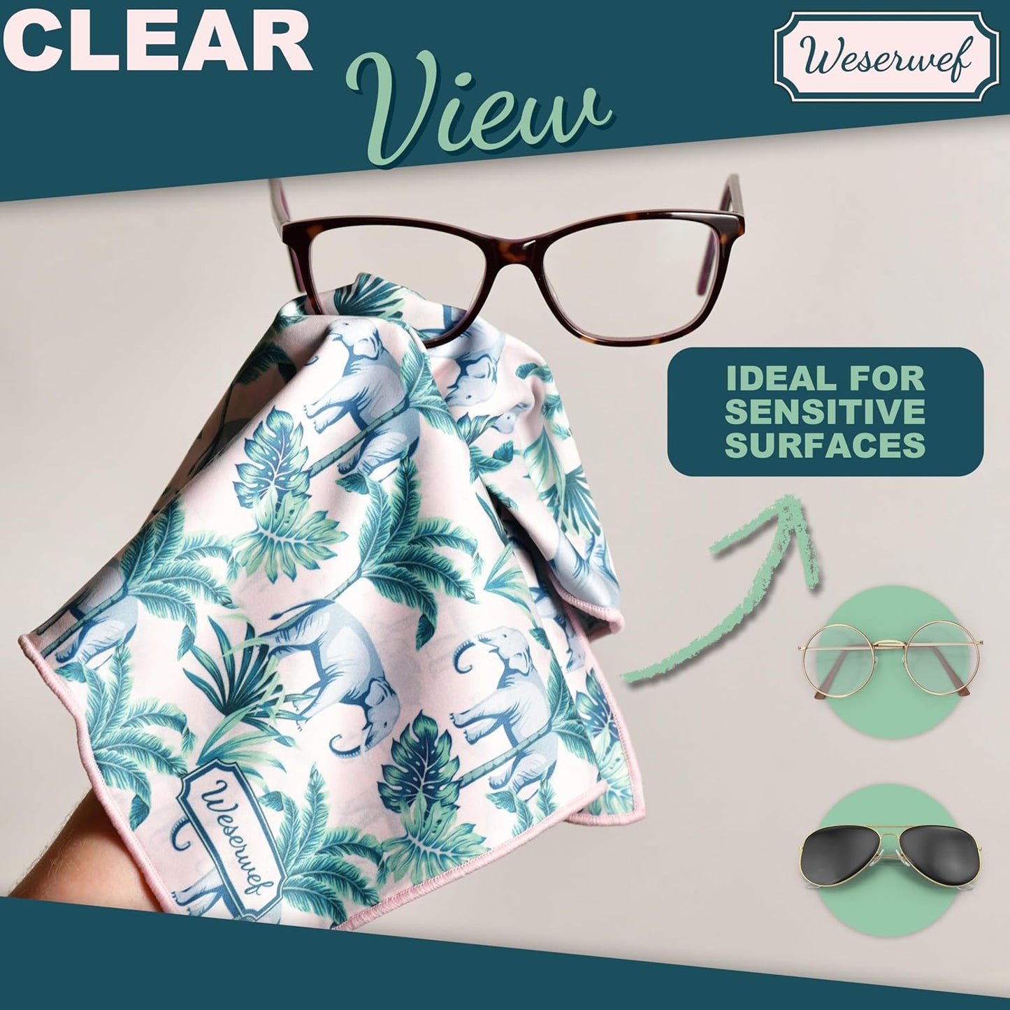 WESERWEF Design Microfiber Glasses Cleaning Cloth – Premium Cleaning Cloth for Eyeglasses, Screens, Tablets, Cameras & Lenses, 12" x 12", Ultra-Soft & Scratch-Free (Elephant)