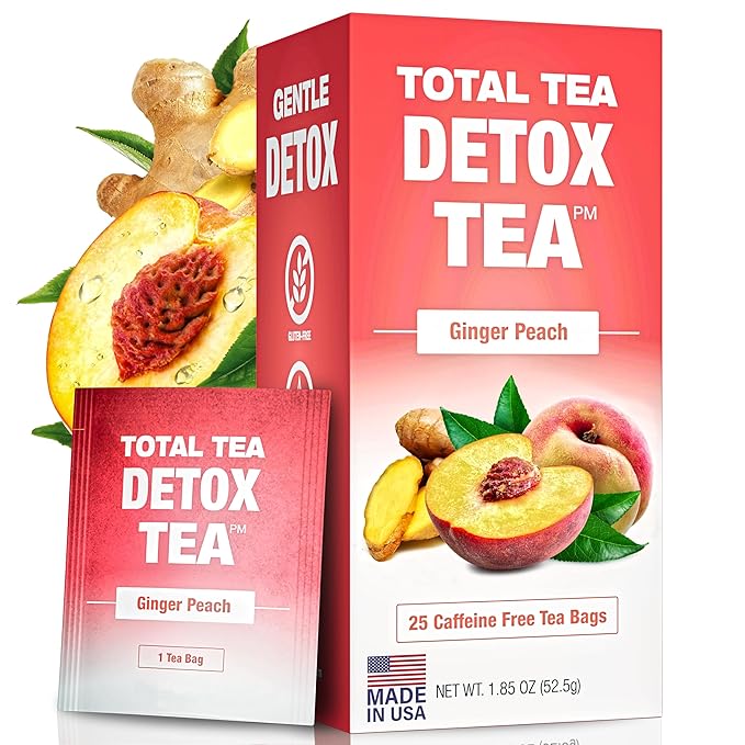 Total Tea SIimming Detox Tea Caffeine Free - 25 Day Detox - Herbal SIim with Chamomile, Hibiscus Tea & Ginger Root for Colon Cleanse – Natural Herbal Ginger & Peach Tea for Digestive Health