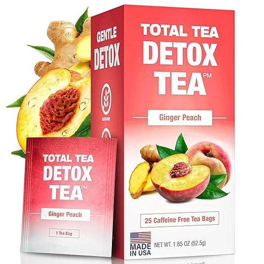 Total Tea SIimming Detox Tea Caffeine Free - 25 Day Detox - Herbal SIim with Chamomile, Hibiscus Tea & Ginger Root for Colon Cleanse – Natural Herbal Ginger & Peach Tea for Digestive Health