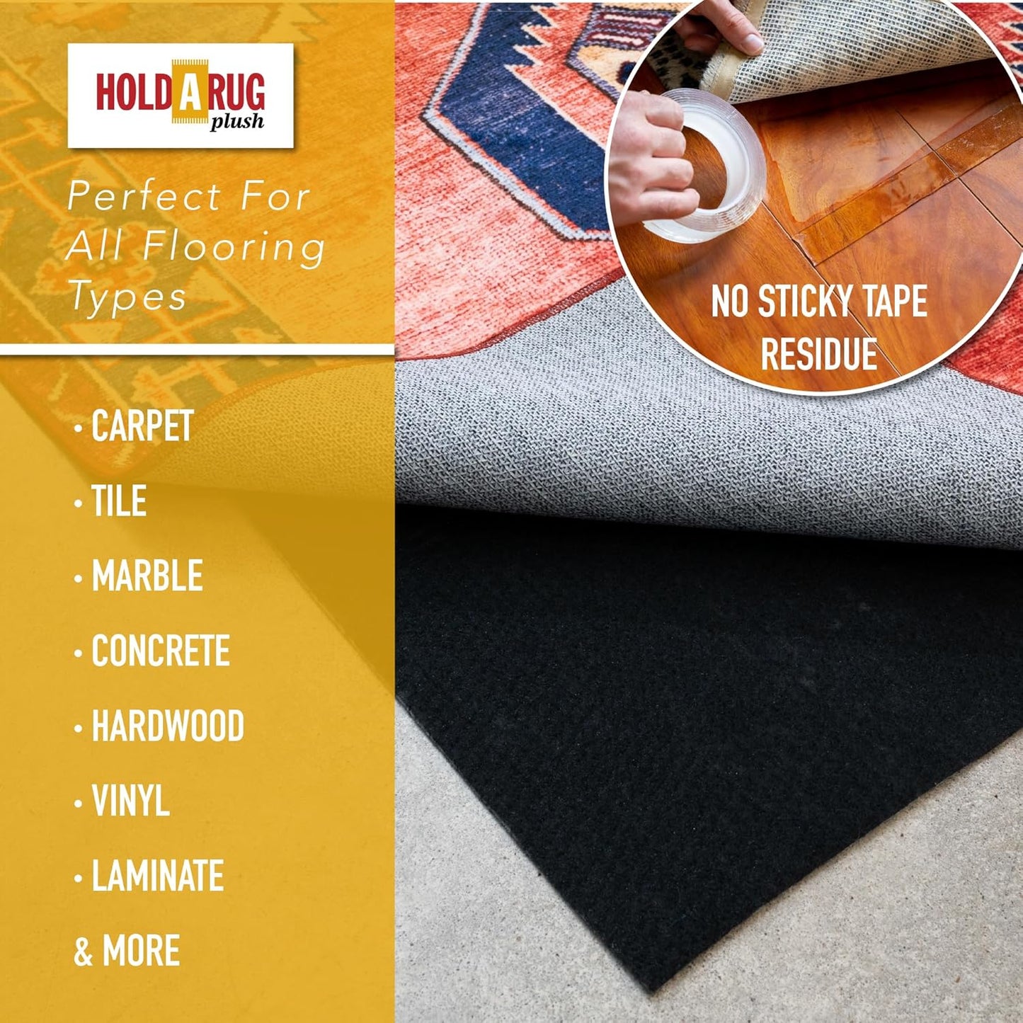Hold-a-Rug Plush 3' x 5' Nonskid, Nonslip Rug Pad, Reversible Gripper, ¼ Thick, Safe for All Floors and Carpet, Keep Area Rugs Secure