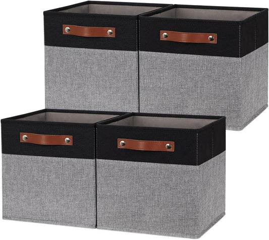 HNZIGE Fabric Cube Storage Baskets 11x11, Set of 4, Foldable Baskets with Handlesfor Organizer Closet(Black Gray)