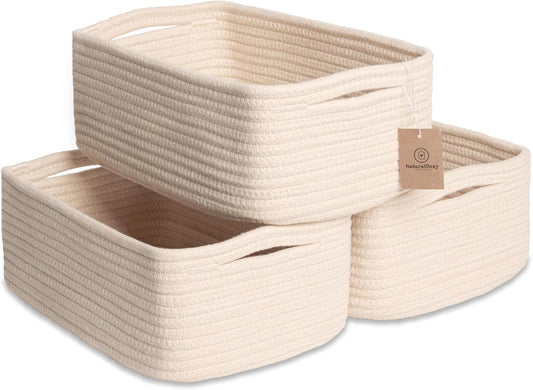NaturalCozy 11.8"x8"x4.5” Storage Baskets for Shelves 3 Pack | Cotton Rope Woven Small Baskets for Organizing | Small Storage Bins for Nursery, Bathroom, Closet, Cube Shelf, Decorative, Gift Basket