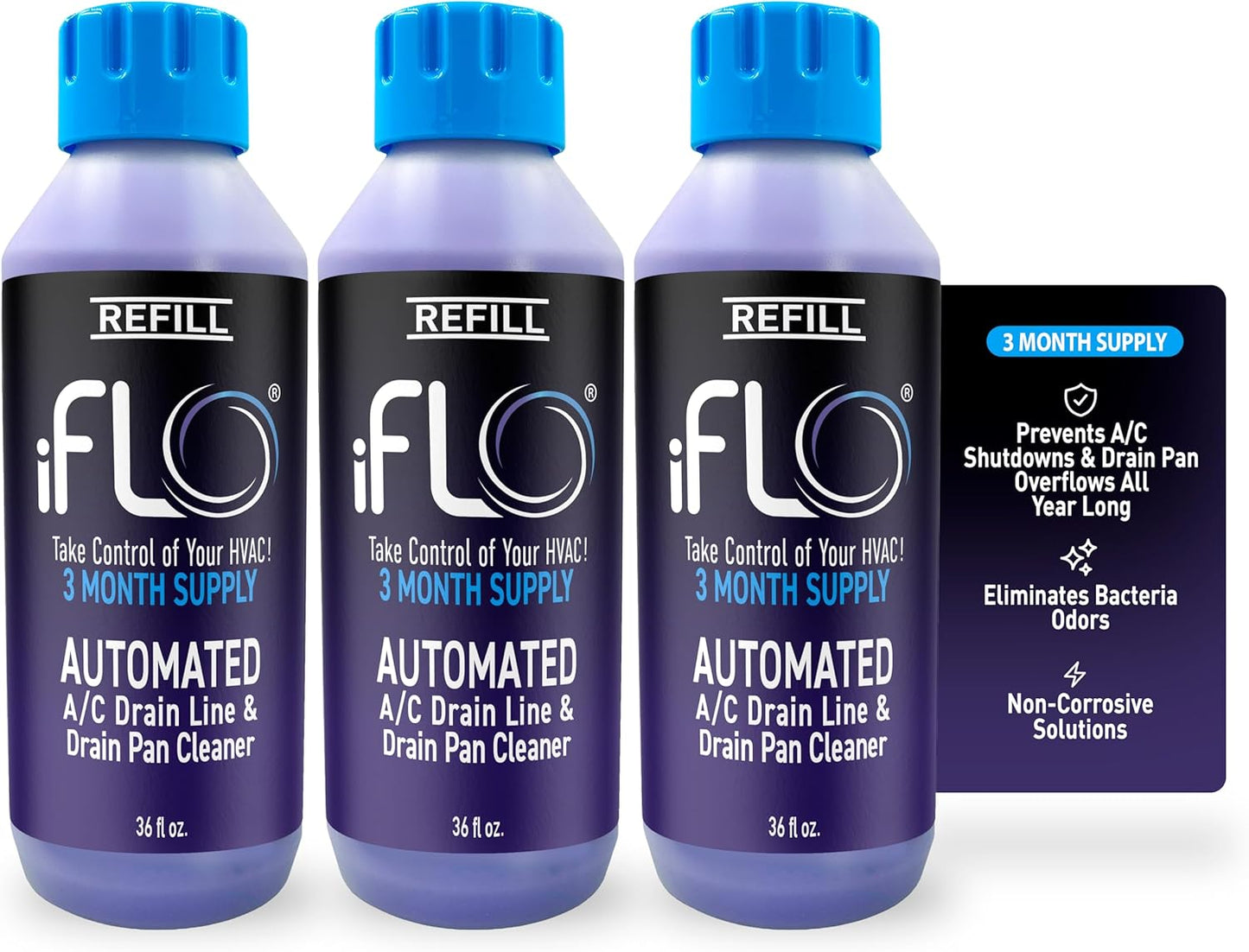 iFLO® Smart A/C Drain Line Cleaner and Drain Pan Cleaner Cartridge, Fast-Acting, Long-Lasting HVAC System Solution for Tough Clogs & Buildup, 3-Month Supply per Bottle, 3 Pack of 36oz
