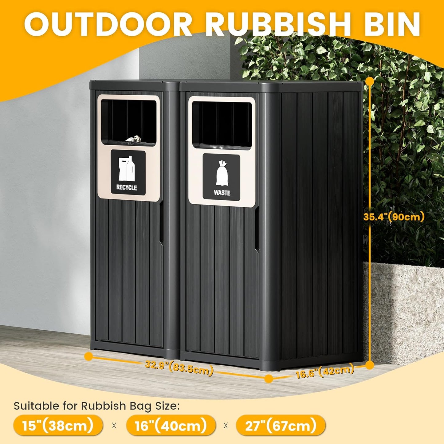 2pcs Outdoor Trash Can Waterproof Resin Garbage Can with Garbage Labels Outdoor Trash Bin for Patio, Garden,Kitchen, Black