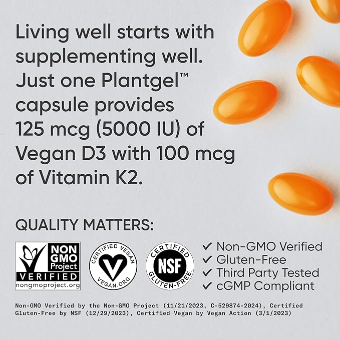 Sports Research® Vitamin D3 + K2 w/ Coconut Oil - Vegan Vitamin D 5000iu & Mk7 Vitamin K 100mcg for Bone & Immune Support - Vegan Certified · Non-GMO · Soy Free - 60 Softgels