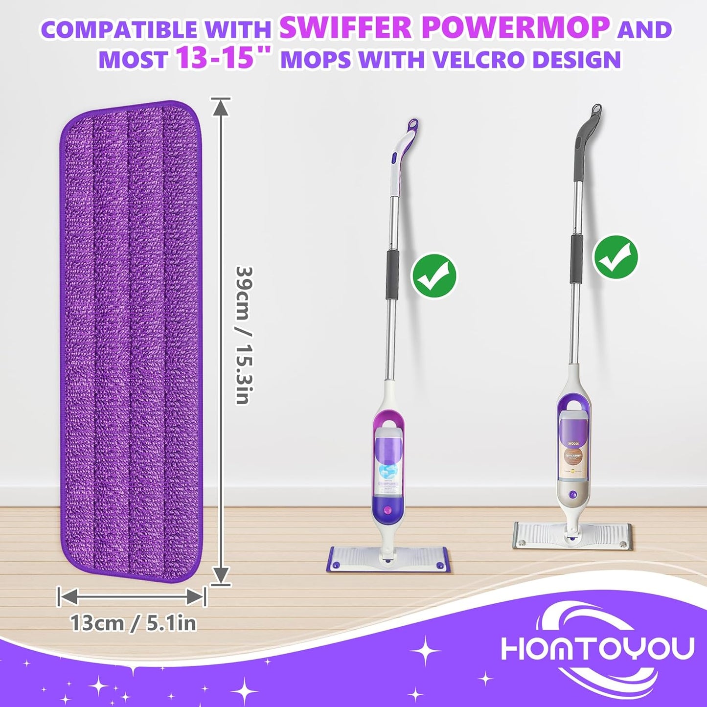 HOMTOYOU Reusable Pads Refills for Swiffer Power Mop: 6 Pack Microfiber Pad for Multi-Surface Floor Cleaning - Machine Washable Replacement Sweeping Cloths for 13 ''-15 '' Spray Mop