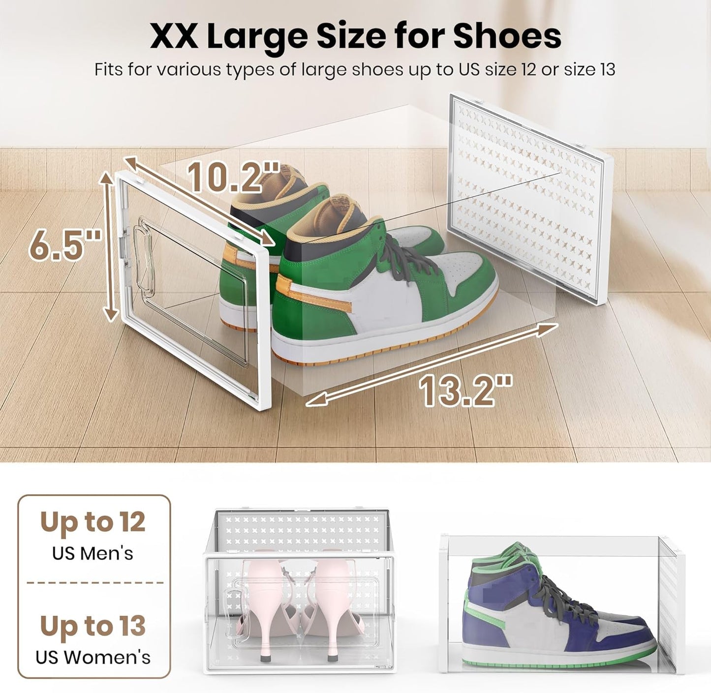 12 Pack XXX-Large Modular Clear Plastic Stackable Shoe Storage Organizer for Closet, Space Saving Versatile Sneaker Shoe Rack Containers Bins Holders, Portable Closet Organizers and Storage, White