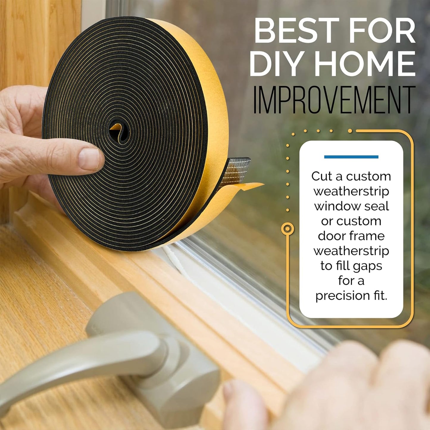 High Density Foam Weather Stripping Door Seal Strip Insulation Tape Roll for Insulating Door Frame, Window, Air Conditioner | Self Adhesive Sealing Weatherstrip (Black, 1 in x 1/2 in x 18 Ft)