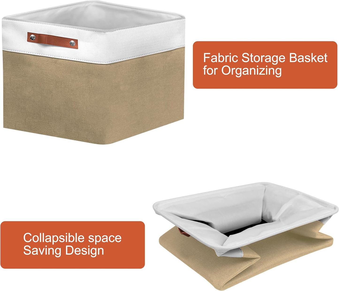 13in Open Fabric Storage Basket with Leather Handles for Organizing, Collapsible Linen Closet Bins for Shelves, Closets, Laundry, Decorative Basket for Gifts. (White＆Khaki, 2PCS/13x13in)