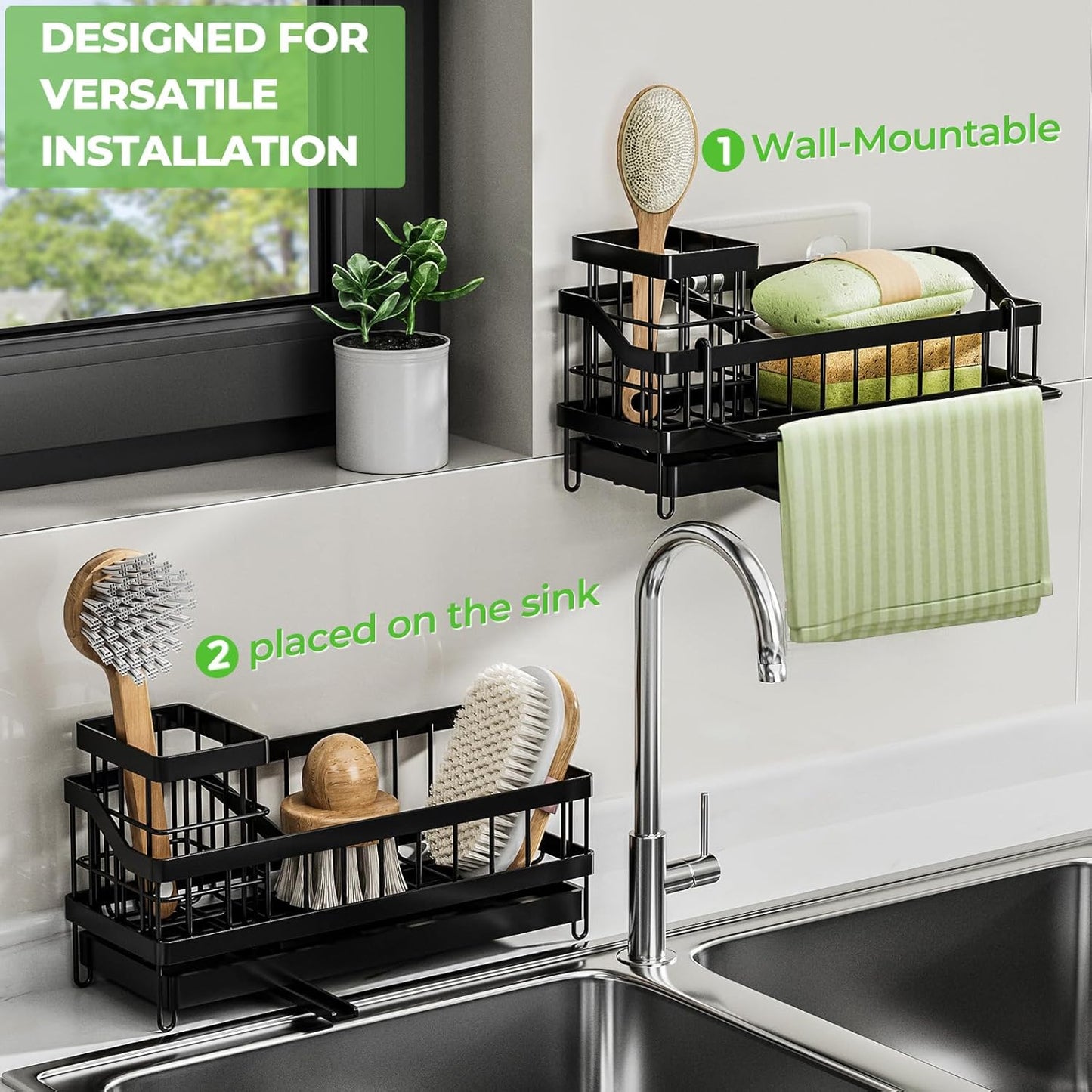 Sink Caddy kitchen Organzier with High Brush Holder, Wall-Mounted Sponge Holder for Sink, Countertop Organizer Soap Dispenser Storage, Rustproof 304 Stainless Steel Kitchen Essentials