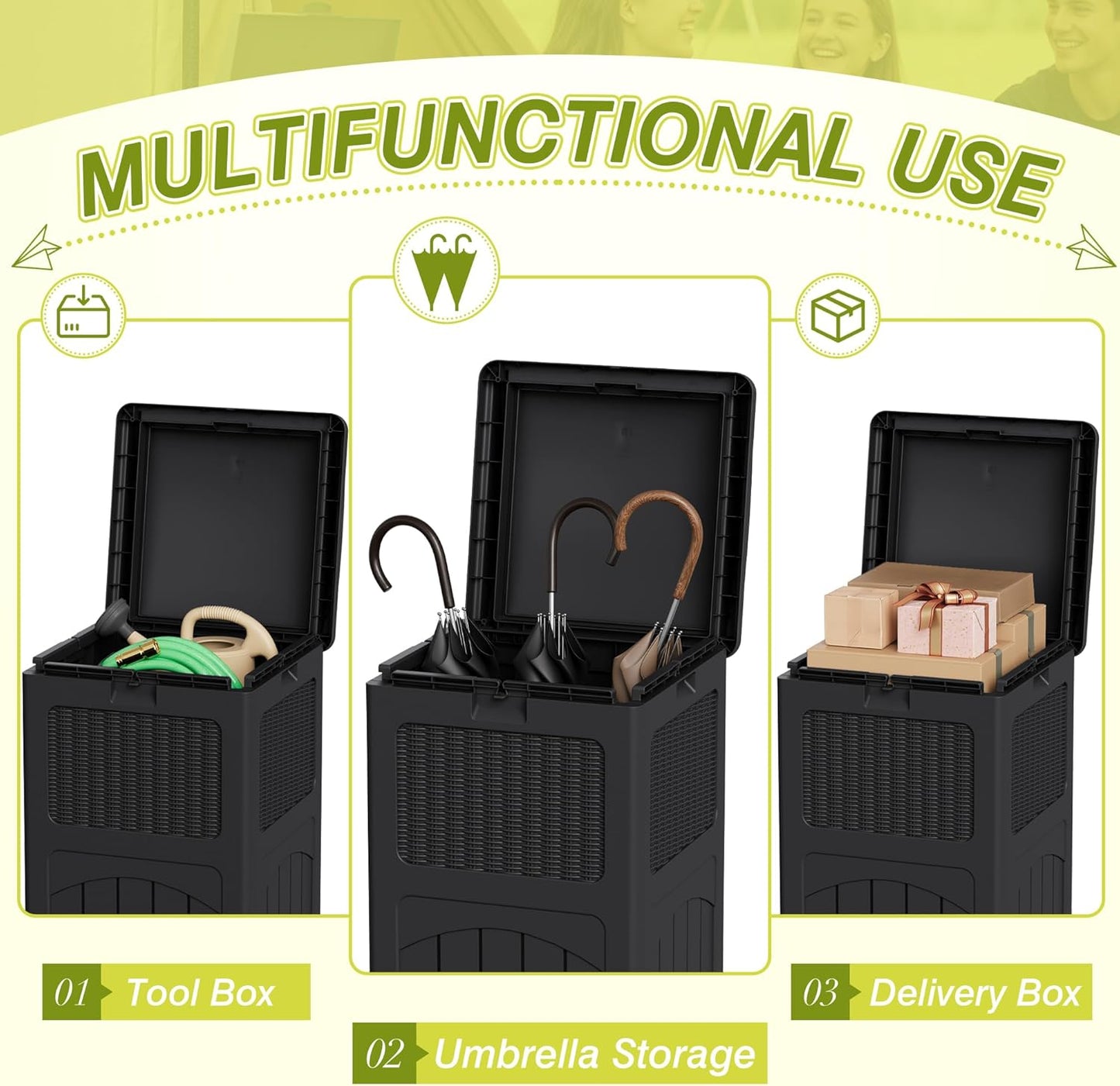 Greesum 33 Gallon Outdoor Trash Can with Lid, Waterproof Resin Garbage Bin for Hideaway, Deck, Patio, 4 Pack, Black