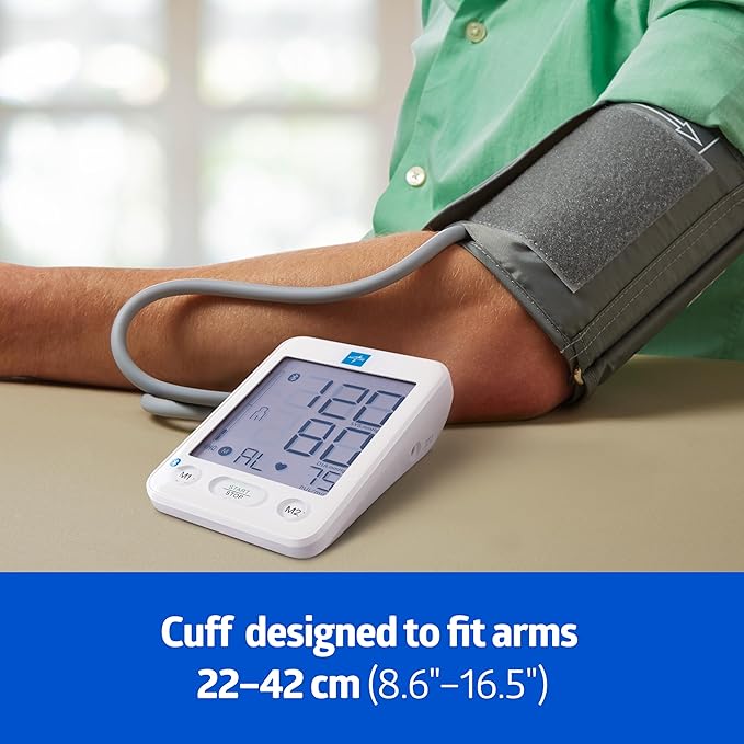 Medline Bluetooth Blood Pressure Monitor, Universal Upper Arm Cuff, Digital LCD Display, Health App Integration, Stores Up to 120 Readings, Carrying case and Batteries Included
