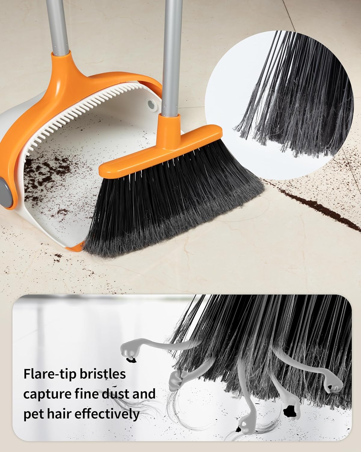 MR.SIGA Broom and Dustpan Set with Long Handle, Stand Upright Broom with Dustpan Combo for Cleaning Office, Garage, Lobby, Lightweight Sweeping Set, 51.7"(131 cm) Long Handle, White & Orange