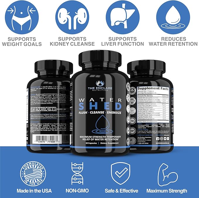 Water Pills Diuretic Water Retention, Liver Detox, Kidney Cleanse, Weight, Swelling, Edema, Bloating Relief, Fluid Balance Watershed Max Strength (1)