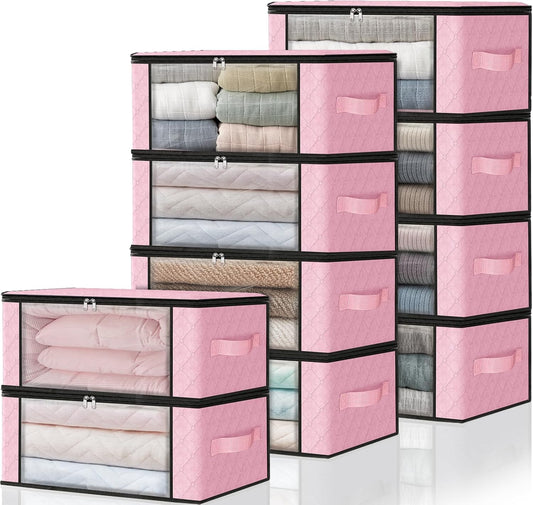 HomeHacks Storage 10-Pack Clothes Organizer Storage Bags Foldable Storage Box with Large Clear Window Sturdy Handles for Closet, Dorm, Pillows, Bedding, Clothes, Blankets, 35L, Pink