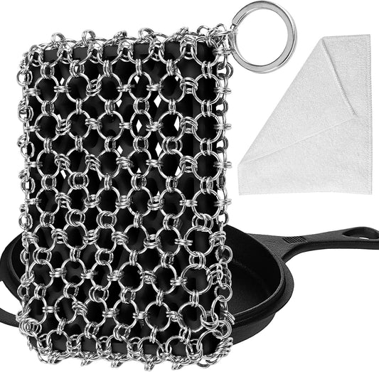 Herda 316L Cast Iron Scrubber Cleaner, Large Chainmail Scrubber for Cast Iron Pan - Chain Mail Scrubber Cast Iron Sponge - Metal Cast Iron Skillet Scrubber, Wok, Dutch Oven Cast Iron Cleaning Kit