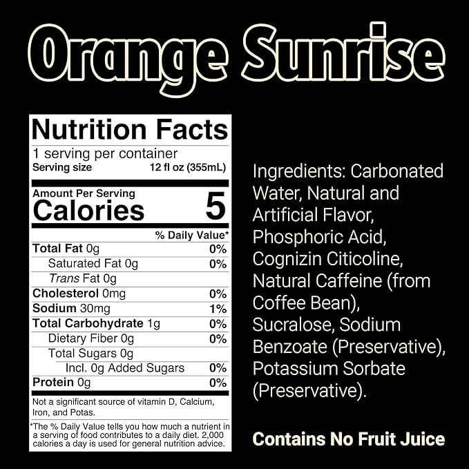 BUM Sugar-Free Energy Drink, Orange Sunrise - Lightly Carbonated & No Artificial Colors, Natural Caffeine & Citicoline for Energy & Focus, Brain Boost & Workout Sports Beverage - 12 oz, Pack of 12
