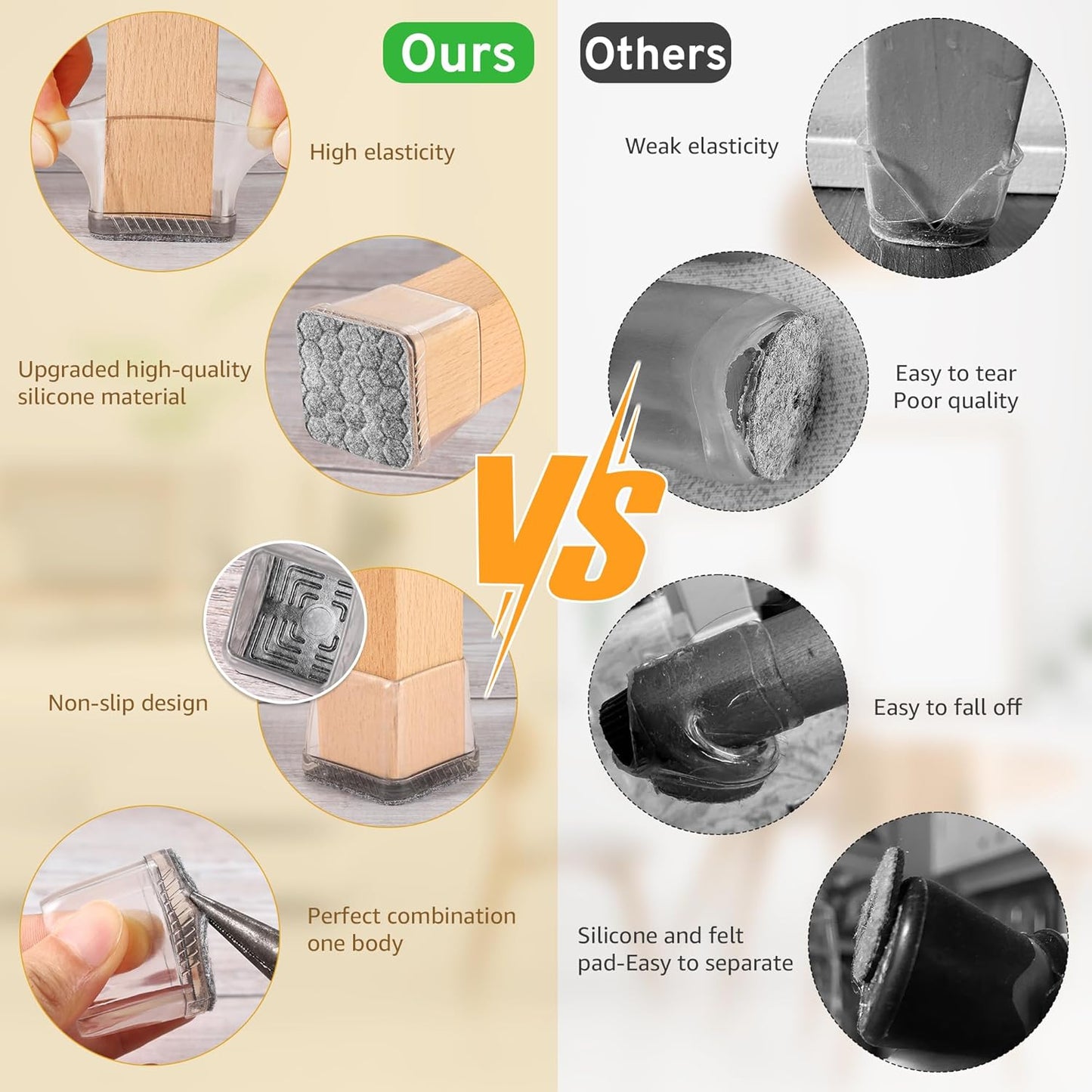 24PCS Square Chair Leg Floor Protectors, Furniture Sliders, Chair Leg Protectors for Hardwood Floors, Non-Slip Felt Furniture Pads, Silicone Cap Covers to Protect Floors, (Fit 0.75" - 1.1")