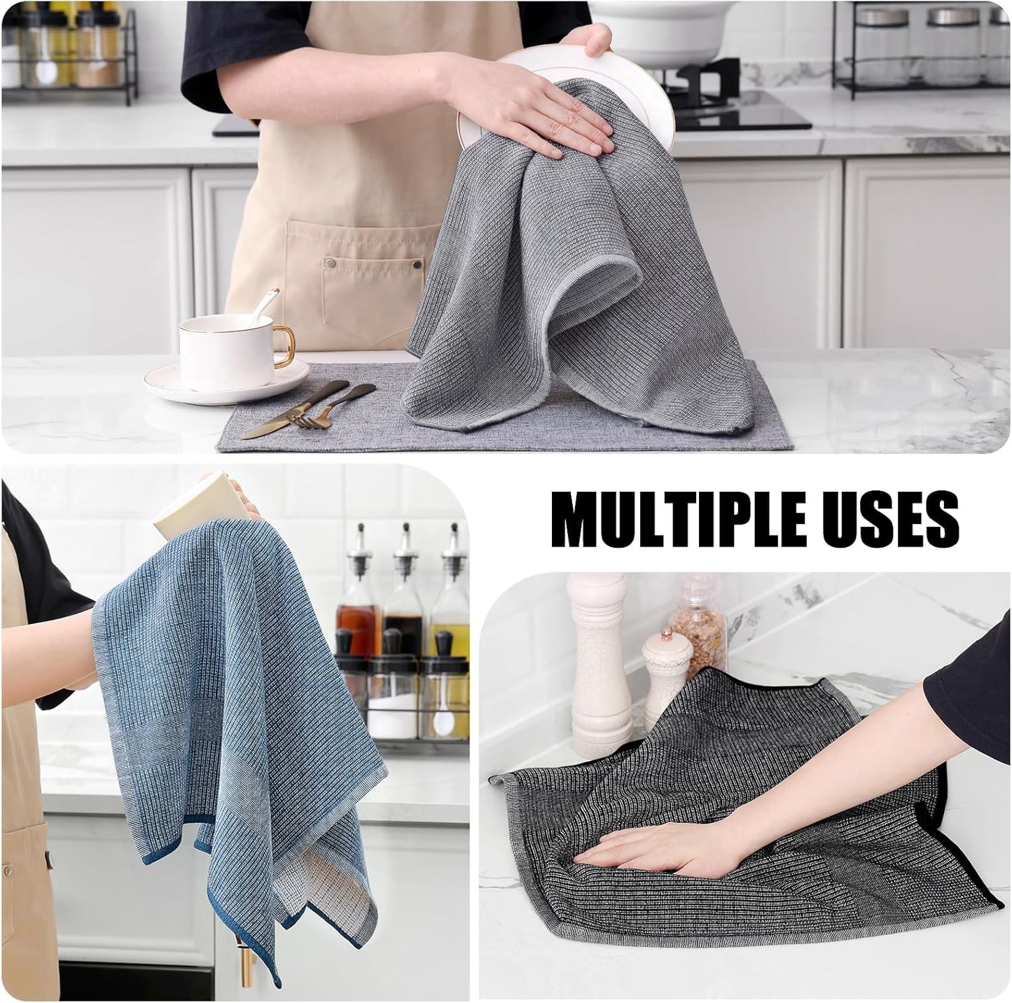 Homaxy Premium Kitchen Towels(18”x 28”, 6 Pack), Large Cotton Kitchen Hand Towels, Flat and Terry Dish Towels, 380 GSM Highly Absorbent Tea Towel Set with Hanging Loop, Navy Blue/Grey/Black