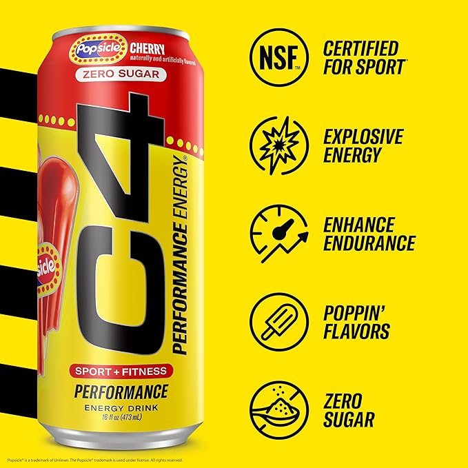 Cellucor C4 Energy Drink Cherry, Carbonated Sugar Free Pre Workout Performance Drink with no Artificial Colors or Dyes, 16 Oz, Pack of 12