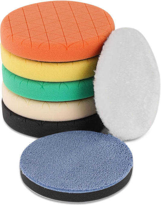Buffing Polishing Pads, 7Pcs 6.5 Inch 165mm Face for 6Inch 150mm Backing Plate, Car Compound Buffing Sponge Pads and Woolen Pads Cutting Polishing Pad Kit for Car Polishing and Waxing