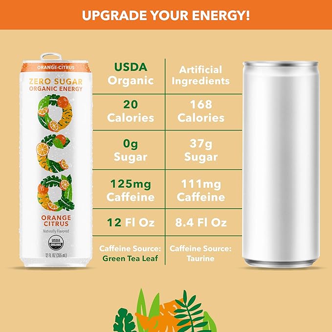 OCA ZERO Orange Citrus, Organic energy drink, zero sugar, gluten-free, vegan plant-based, 12 Fl Oz (12-pack)