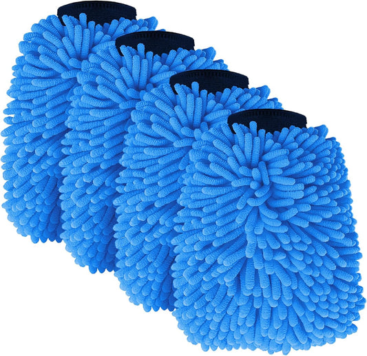 Car Wash Mitt Microfiber, Premium Chenille Microfiber Wash Car Mitts Sponge Scratch Free & Lint-Free, Mitts Waterproof Lining 4 Pack Blue (8''X12'')