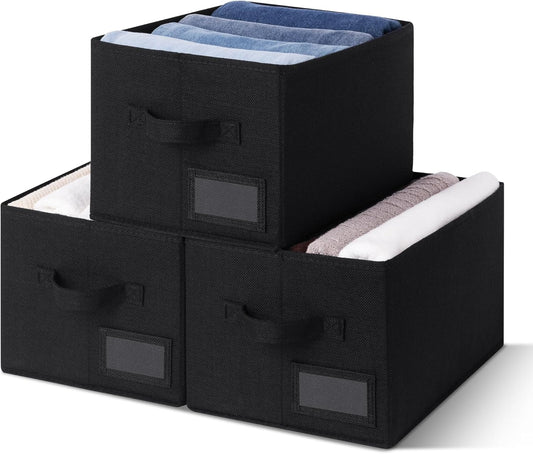 GRANNY SAYS Storage Bins, Storage Baskets for Shelves, Fabric Storage Bins for Clothes, Closet Organization Bin, Collapsible Storage Bin with Handles, Decorative Storage Box, Black, Large, 3-Pack