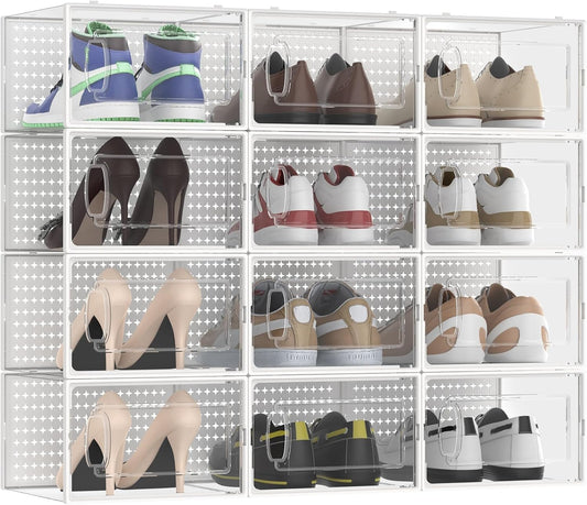 12 Pack Large Modular Clear Plastic Stackable Shoe Storage Organizer for Closet, Space Saving Versatile Sneaker Shoe Rack Containers Bins Holders, Portable Closet Organizers and Storage, White