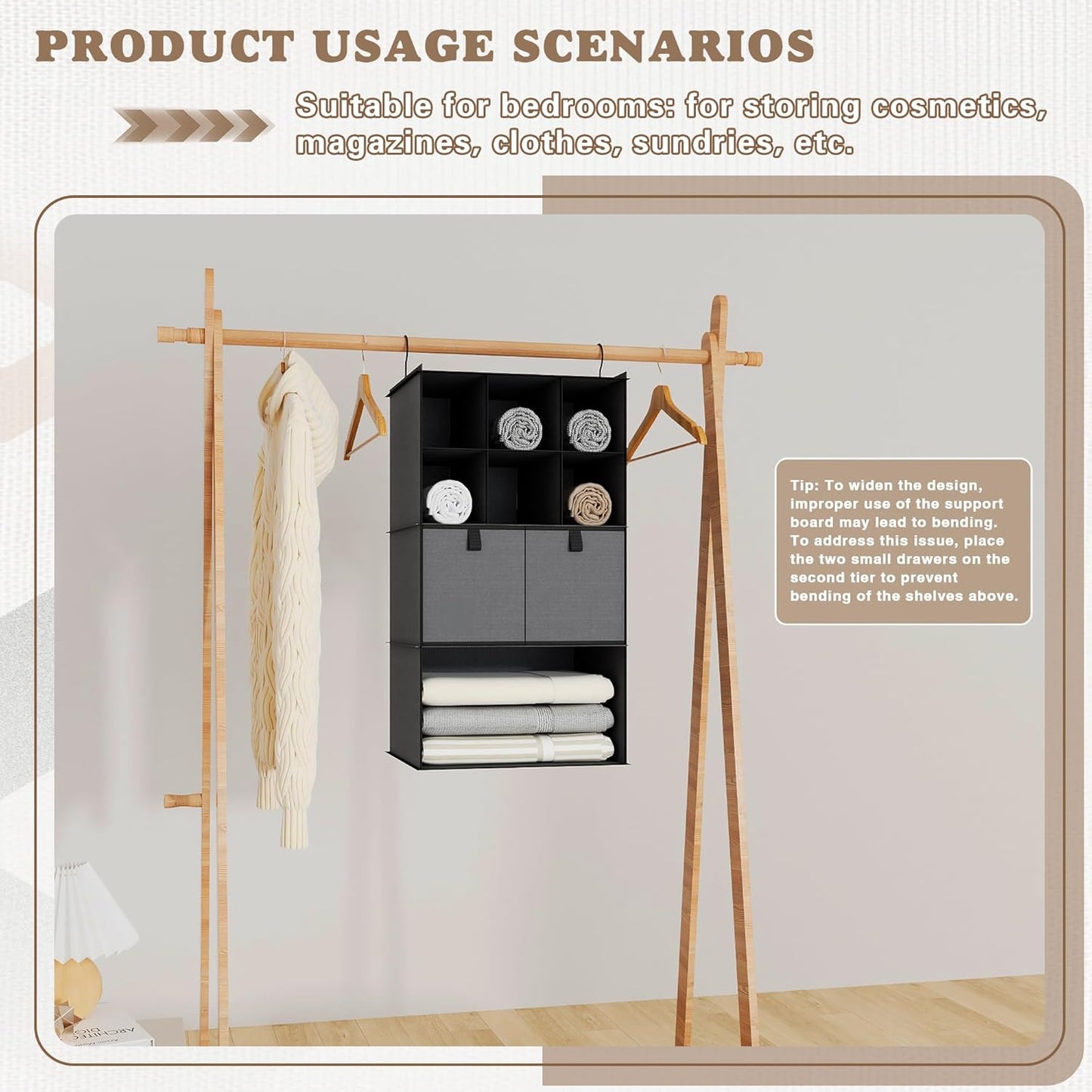 Hanging Closet Organizer 4 Shelves, 2 Drawers Closet Organization and Storage, 6 Compartments Wardrobe Clothes Organizer, Dark Gray