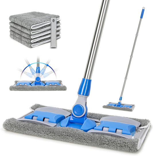 Professional Microfiber Hardwood Floor Mop, Flat Mops with 5 Pieces Reusable Washable Pads for Home and Office Wet or Dry Floor Cleaning (Sky Blue)