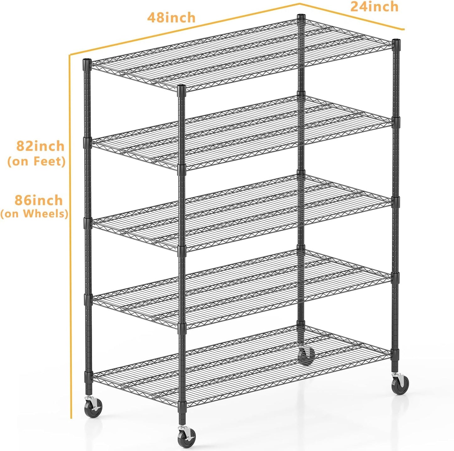 Himimi 5 Tier Wire Shelving with Wheels Heavy Duty Height Adjustable Metal Shelves for Storage, Commercial Grade Steel Utility Wire Rack for Kitchen Garage Pantry Organization-24×48×82, Black