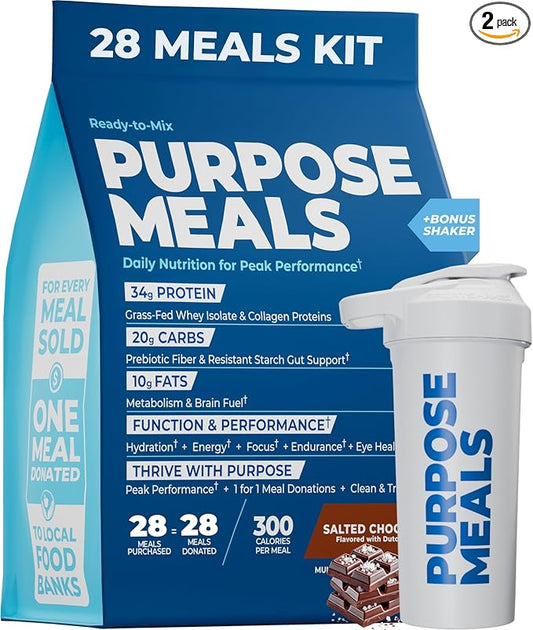 Meal Replacement Shake, Grass Fed Whey Protein Isolate & Collagen Peptides, Creatine Monohydrate, Electrolytes Powder, Prebiotics, Organic Mushrooms, Nootropic Energy Drink (28 Meals Salted Chocolate)