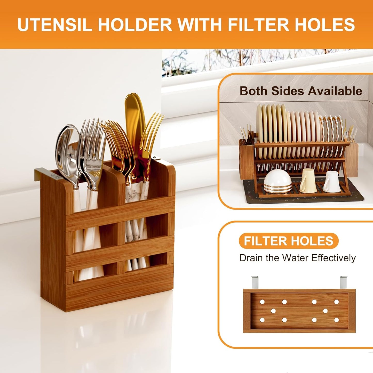 Greenual Teak Dish Drying Rack with Utensil Holder, 3 Tier Collapsible Dish Rack, Wooden Dish Racks for Kitchen Counter, Large Folding Drying Holder with Absorbent Dish Drying Mat