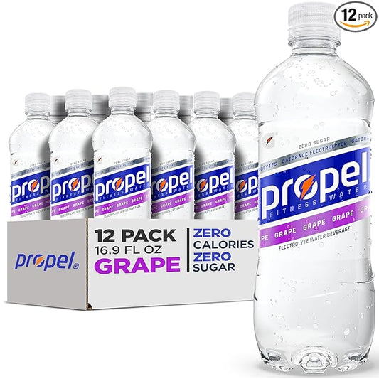 Propel Electrolyte Enhanced Water Sports Drink, Grape Flavored Water, Zero Calorie & Zero Sugar Hydration with Electrolytes and Vitamins C & E, 16.9 fl oz Water Bottles (12 Pack)