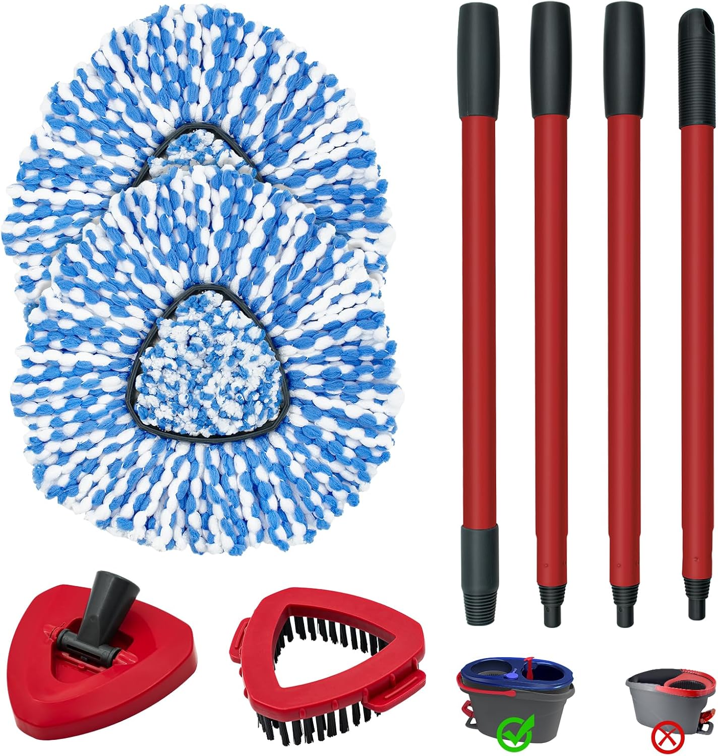 Spin Mop Handle,Mop Heads Replacements,Scrubber Mop Head and Mop Base Compatible with O-cedar RinseClean 2-Tank Spin Mop System,Mop Handle and Head Replacement Combo Set for Wet Dry Use Floor Cleaning