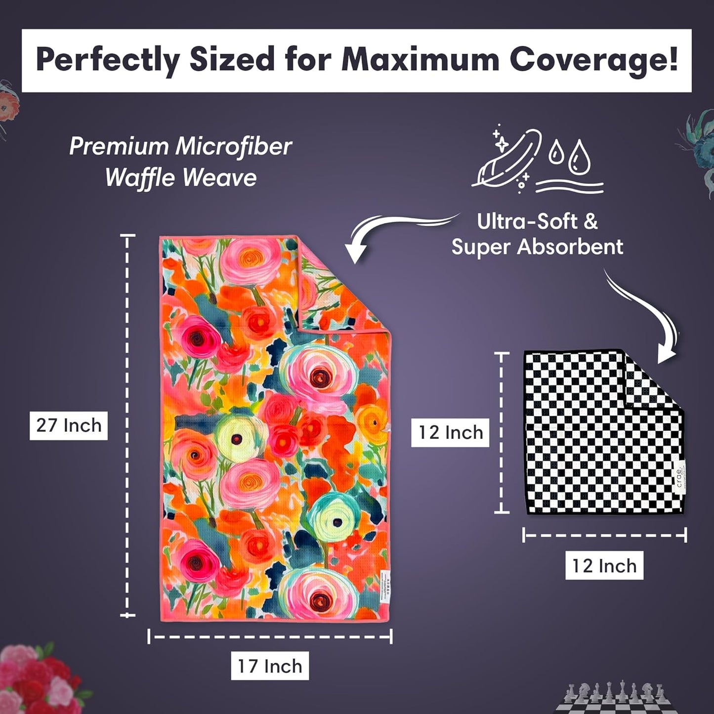 Microfiber Hand Towel & Washcloth Set of 2 - Double-Sided, Waffle Weave, Super Absorbent, Lint-Free, Fast Drying - Pia & Fonnie Pattern for Bathroom, Kitchen, Car, and Window Cleaning