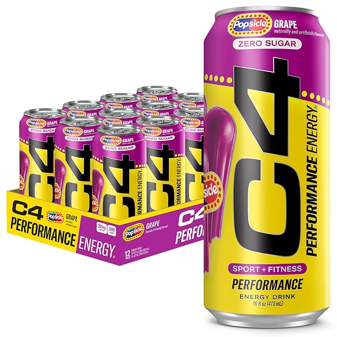 Cellucor C4 Energy Drink x Grape Popsicle, Carbonated Sugar Free Pre Workout Performance Drink with no Artificial Colors or Dyes, 16 Oz, Pack of 12