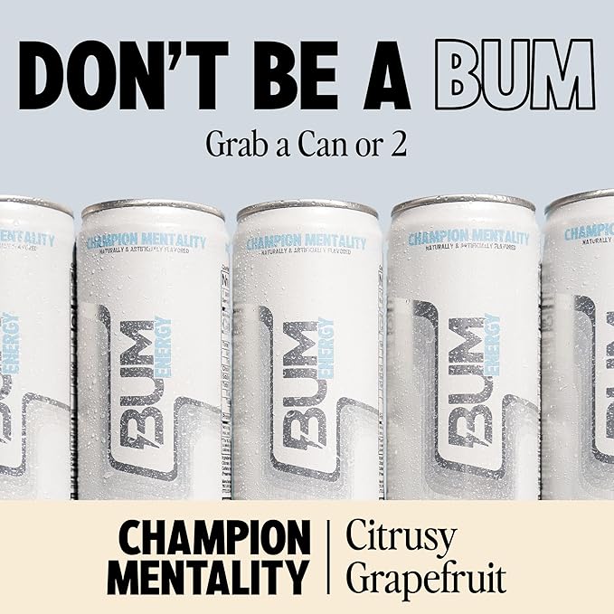 BUM Sugar-Free Energy Drink, Champion Mentality - Lightly Carbonated & No Artificial Colors, Natural Caffeine & Citicoline for Energy & Focus, Brain Boost & Workout Sports Beverage - 12 oz, Pack of 12