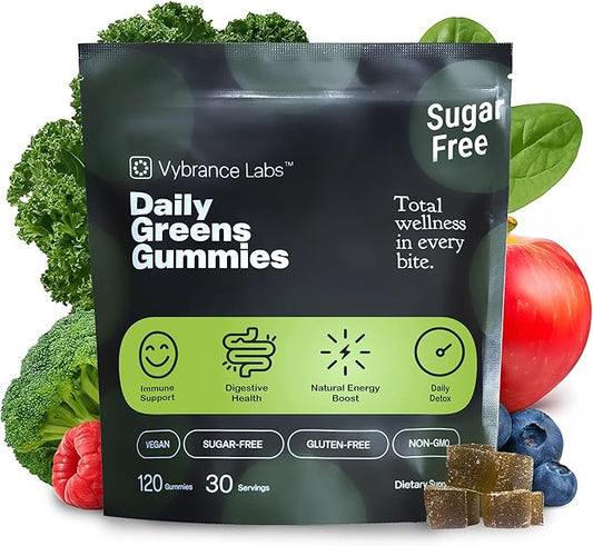 Daily Greens Gummies – Vegan, Sugar-Free Superfood Blend with Prebiotics, Probiotics & Enzymes | Gut & Immune Support, Natural Energy | Mixed Berry Flavor | 120 Gummies | Non-GMO, Gluten-Free