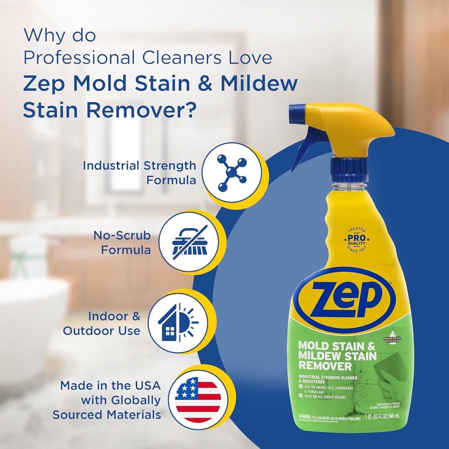 Zep Mold Stain and Mildew Stain Remover - 32 oz (Pack of 12) - ZUMILDEW32 - Experience the Power of our Professional Strength No-Scrub Formula